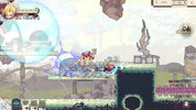 A 2D pixel-art action scene from a game, showing a character with a large blue energy bubble attacking enemies on a floating platform in a surreal landscape with rocks and structures.