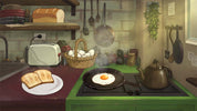 Kitchen scene with a stove, pan with an egg, toaster, and bread on a counter.