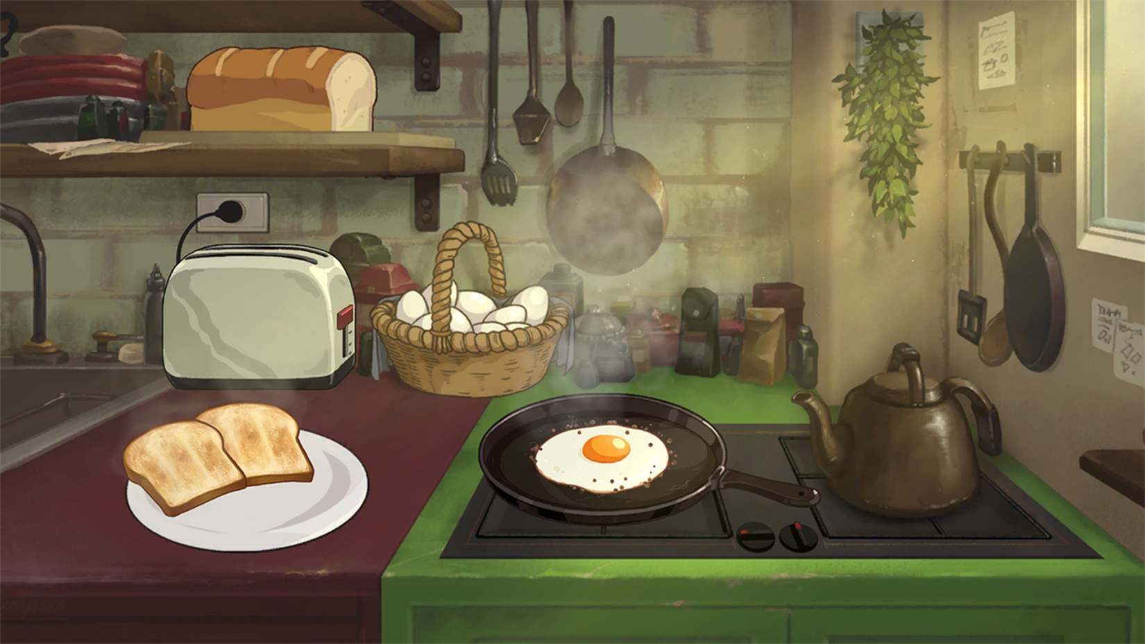 Kitchen scene with a stove, pan with an egg, toaster, and bread on a counter.