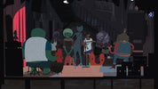 Cartoon-style illustration of a band performing on stage with a dark background