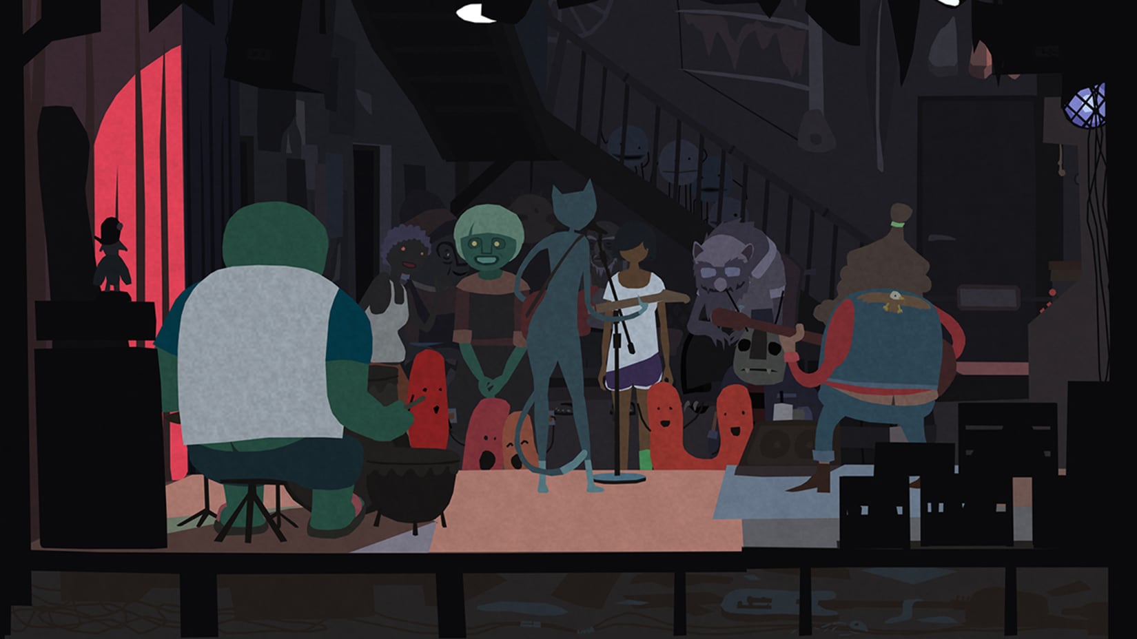 Cartoon-style illustration of a band performing on stage with a dark background