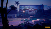 Neon sign of a house with palm trees and a streetlight in the foreground, set against a blue night sky.
