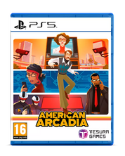 PlayStation 5 game disc for 'American Arcadia' with colorful graphics and character illustrations.