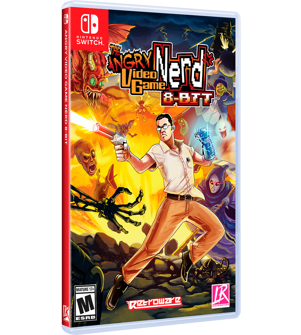 Video game case for 'The Angry Nerd Video Game 8-Bit' on Nintendo Switch with colorful graphics and character illustration.