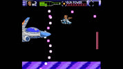 Pixelated video game screen with character and spaceship on a black background