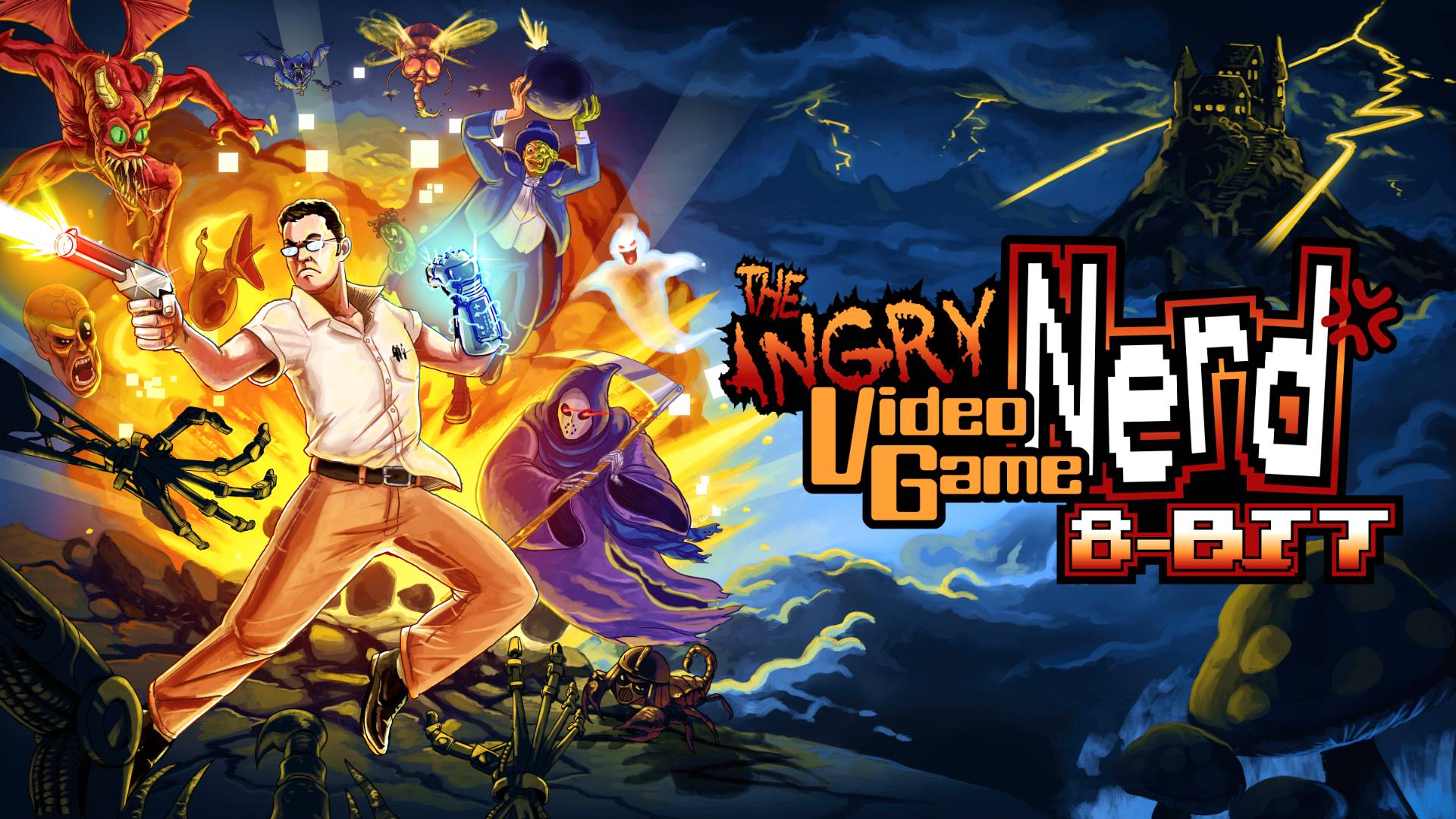 Game poster with a character holding a glowing object, surrounded by fantasy elements, and 'The Angry Nerd Video Game 8-Bit' text.