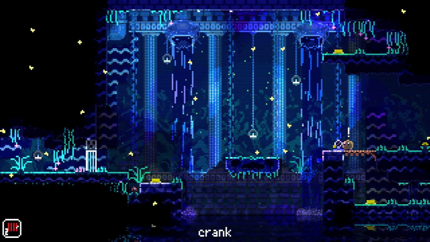Pixel art scene with a character named 'crank' in a dark, underwater-like setting.