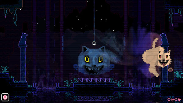 Pixel art scene with a ghostly figure and a large creature in a dark, eerie setting.