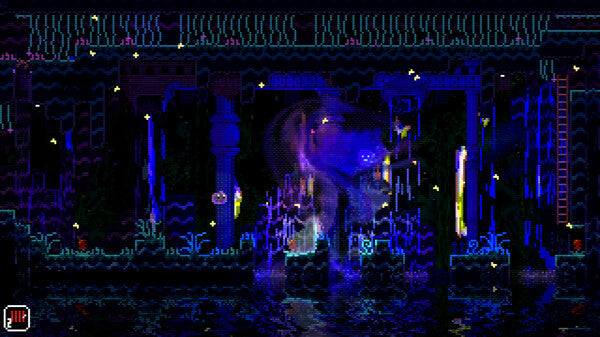 Pixel art scene with a dinosaur-like creature in a dark, underwater setting with glowing elements.