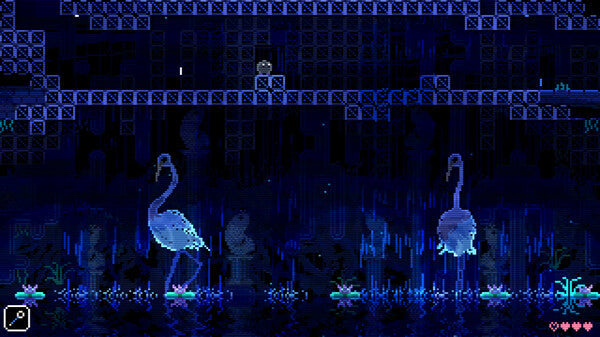 Pixel art scene with two flamingo-like creatures in a dark, grid-patterned environment.