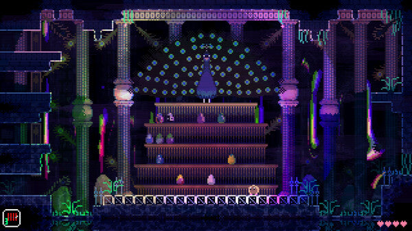 Pixel art scene with a staircase and decorative elements in a dark setting