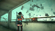 A video game scene showing a female character in a futuristic red and black outfit standing on a concrete walkway, looking out over a large broken green-tinted glass wall with debris floating outside.