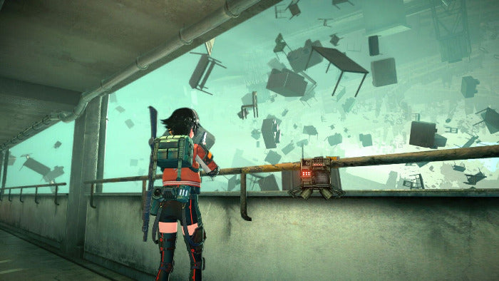 A video game scene showing a female character in a futuristic red and black outfit standing on a concrete walkway, looking out over a large broken green-tinted glass wall with debris floating outside.