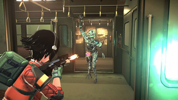 A video game scene showing a character in an orange and red outfit aiming a gun in a subway train corridor, facing a tall metallic creature with a skull-like head.
