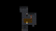A top-down pixel art scene showing a small character with yellow hair standing in front of a brown table, surrounded by other tiny characters and a dark gray stone-like room, centered on a black background.