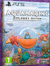 Front cover of the PS5 video game Aquamarine Explorer's Edition, featuring an underwater illustration with a character in a bubble boat, coral reef, and fish. Visible branding includes PS5 and Tesura Games.