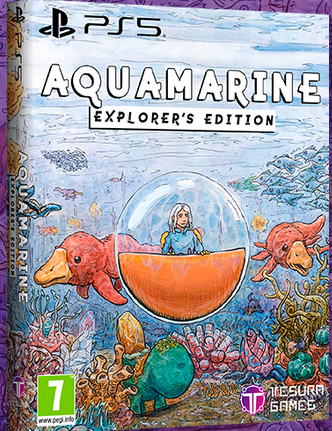 Front cover of the PS5 video game Aquamarine Explorer's Edition, featuring an underwater illustration with a character in a bubble boat, coral reef, and fish. Visible branding includes PS5 and Tesura Games.