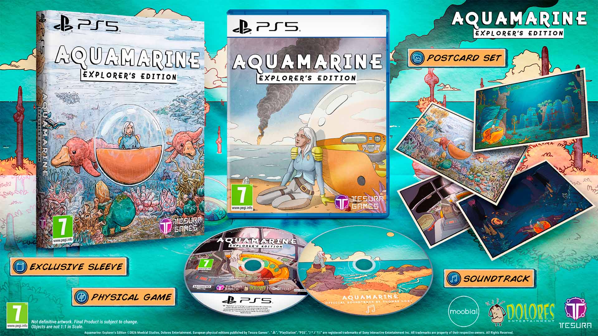 PS5 Aquamarine Explorer's Edition game bundle display featuring the game case, physical game disc, soundtrack disc, postcard set, and exclusive sleeve on a bright teal illustrated background.