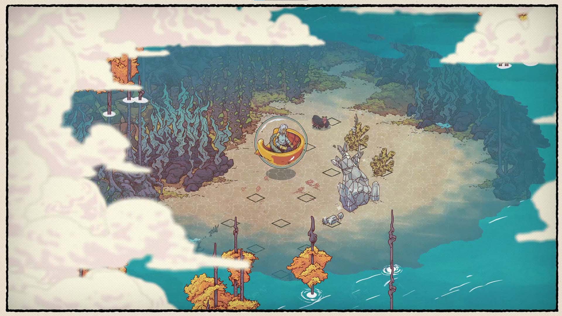 A stylized illustrated scene showing a small sandy island surrounded by blue water, with trees, rocks, clouds, and a floating capsule-like structure. The artwork appears to be the product itself rather than a photo of a physical object in a room, so this fits Scenery.