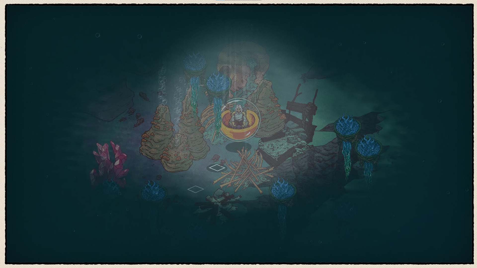 A dark, atmospheric illustrated scene with a glowing circular central object surrounded by stylized trees, rocks, and blue floral elements on a dark teal background.