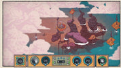 A stylized illustrated game scene showing a floating island with pink clouds, teal water, dark rock formations, and a small floating platform with a seated figure. A row of circular status icons appears along the bottom.