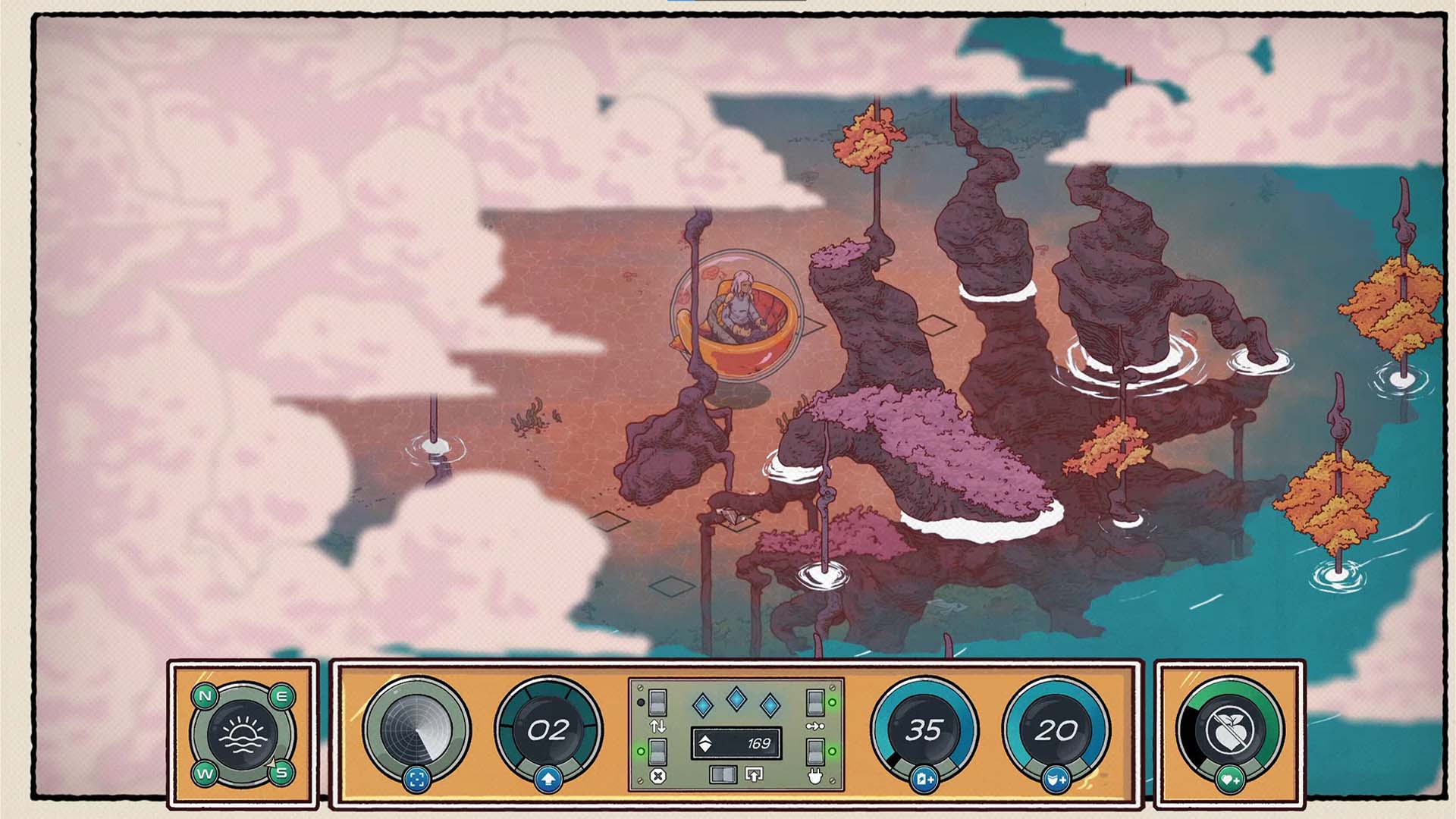 A stylized illustrated game scene showing a floating island with pink clouds, teal water, dark rock formations, and a small floating platform with a seated figure. A row of circular status icons appears along the bottom.