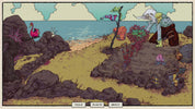 A stylized illustrated scene showing a rocky beach or shoreline with ocean water, sand, plants, and a person kneeling on the right side. A pink flamingo-like figure appears on the left rock, and small labels at the bottom read 'TOOLS', 'PLANTS', and 'BEACH'.