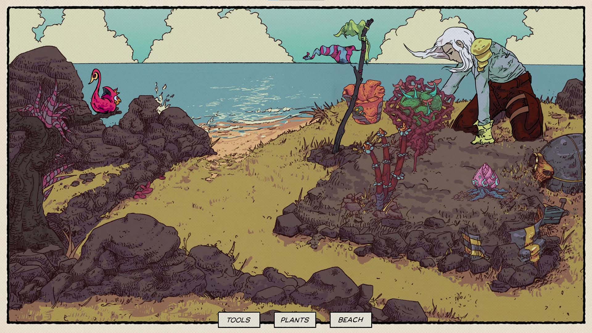 A stylized illustrated scene showing a rocky beach or shoreline with ocean water, sand, plants, and a person kneeling on the right side. A pink flamingo-like figure appears on the left rock, and small labels at the bottom read 'TOOLS', 'PLANTS', and 'BEACH'.