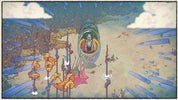 A stylized illustrated scene showing a small figure inside a glowing oval portal or bubble, surrounded by floating blue shards, orange flowers, and a sandy ground in a dreamlike, painterly environment.