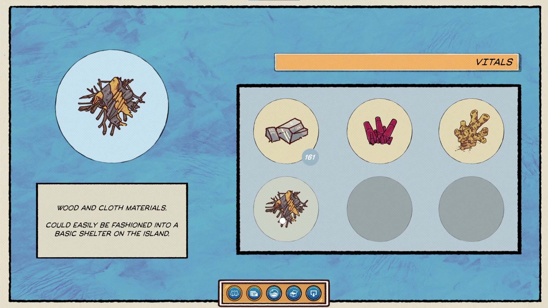 A stylized blue informational graphic showing illustrated materials and a label reading 'WOOD AND CLOTH MATERIALS' with text about shaping them into a basic shelter on an island. The layout includes circular and square panels with small drawings of wood, cloth, and reddish/purple material samples, plus the word 'VITALS' at the top.