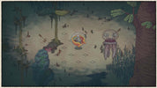 A stylized illustrated scene showing a small round character in a clear dome-like pod standing on a sandy path, surrounded by surreal trees, plants, and floating jellyfish-like forms in muted teal, brown, and cream tones.