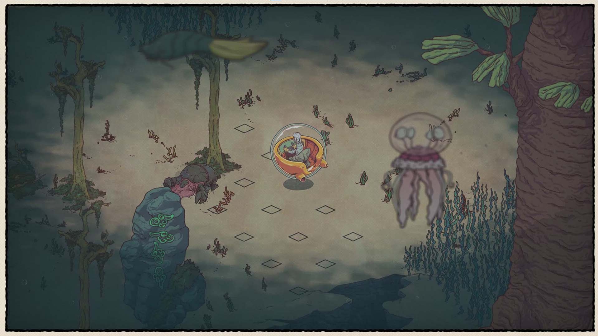A stylized illustrated scene showing a small round character in a clear dome-like pod standing on a sandy path, surrounded by surreal trees, plants, and floating jellyfish-like forms in muted teal, brown, and cream tones.
