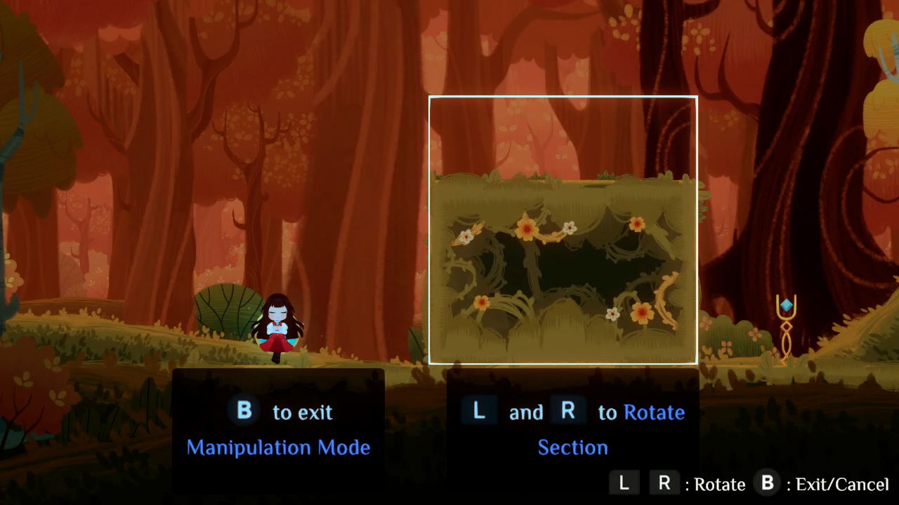 Game interface showing a forest scene with interactive elements and character options.