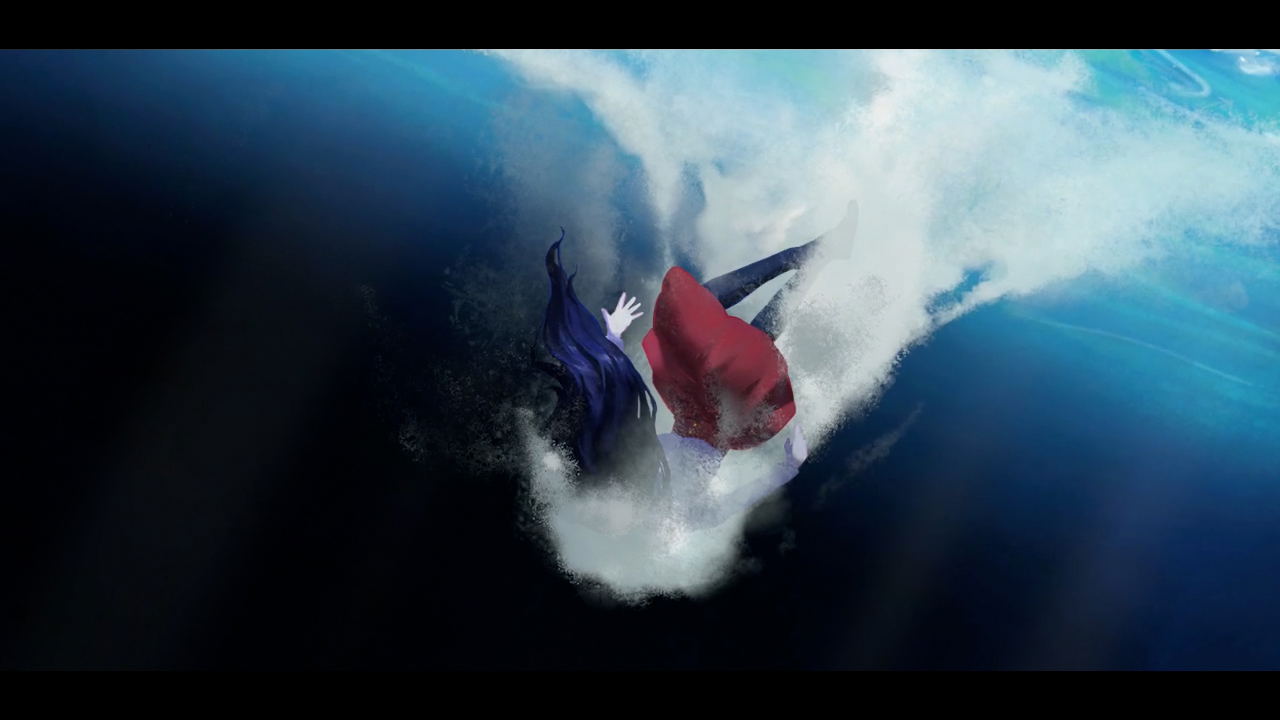 Two people surfing on a large wave with a dark underwater background