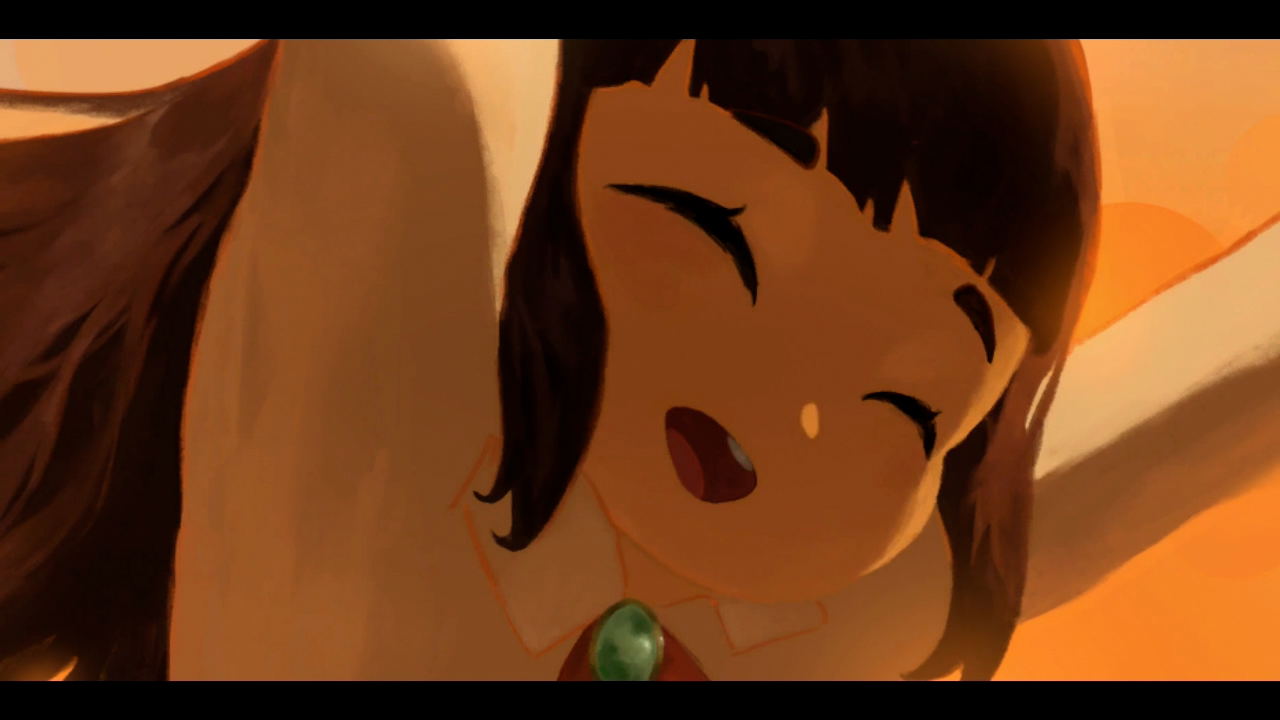 Close-up of an animated character with a sad expression on a warm-toned background