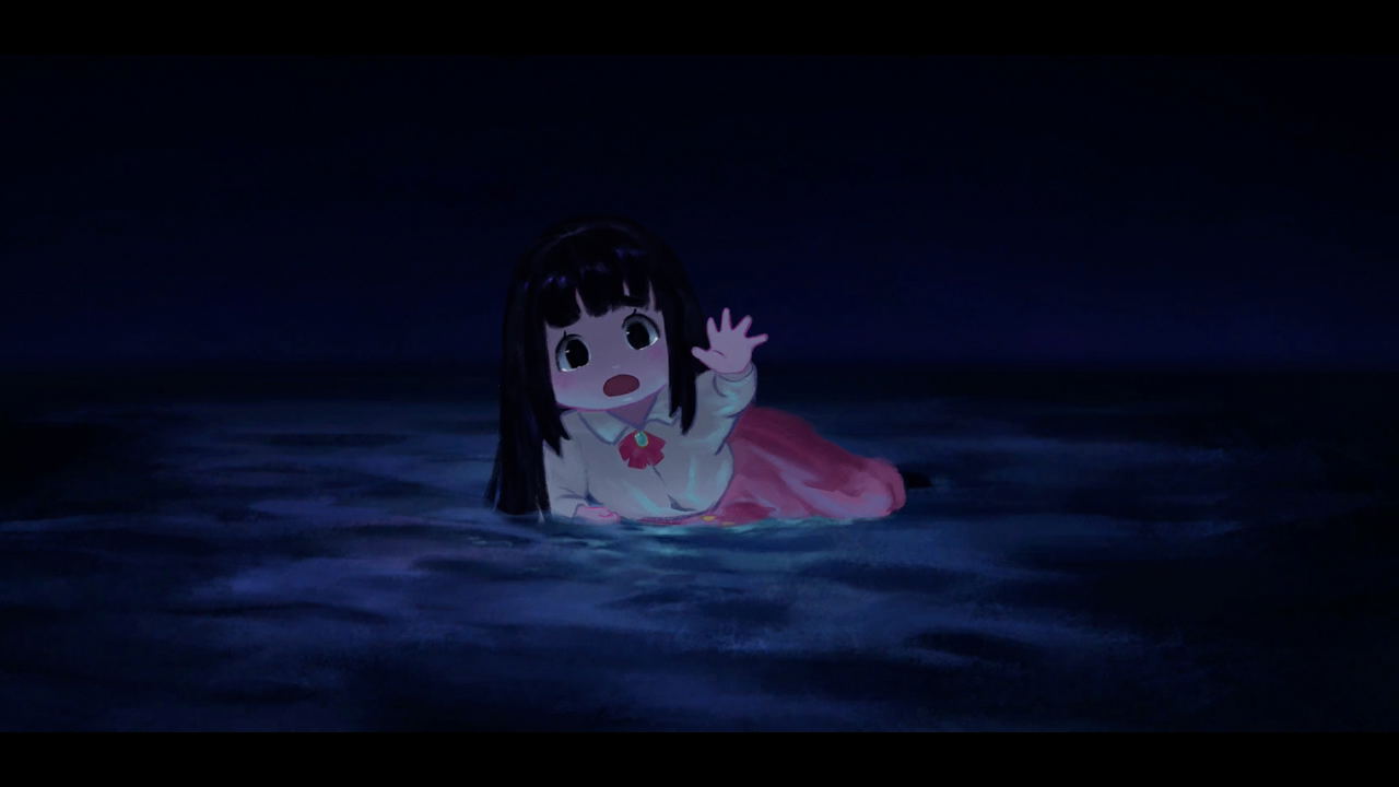 Animated character in a pink dress floating in dark water
