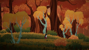 Cartoon character standing in a forest with a warm, orange glow