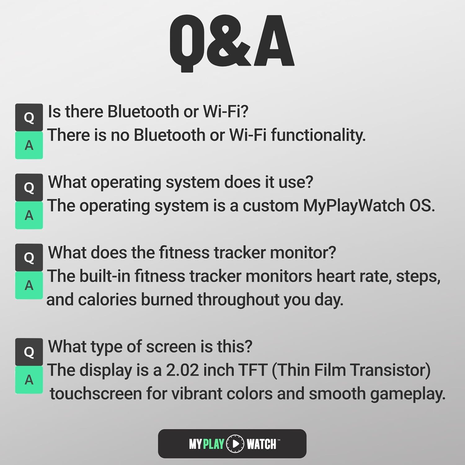 Q&A section about a product with answers on a gray background