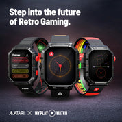 Three smartwatches with different designs on a dark background, featuring the Atari logo.