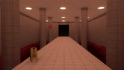 A digital render of a tiled hallway with beige pillars, warm red lighting, a yellow caution sign, and a dark opening at the end.