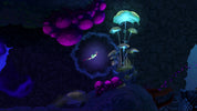 Underwater scene with glowing plants and a fish in a dark underwater environment
