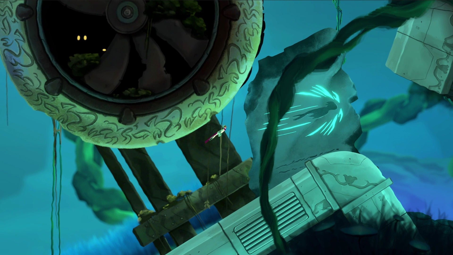 Close-up of a character with glowing green eyes and a large circular object in the background.