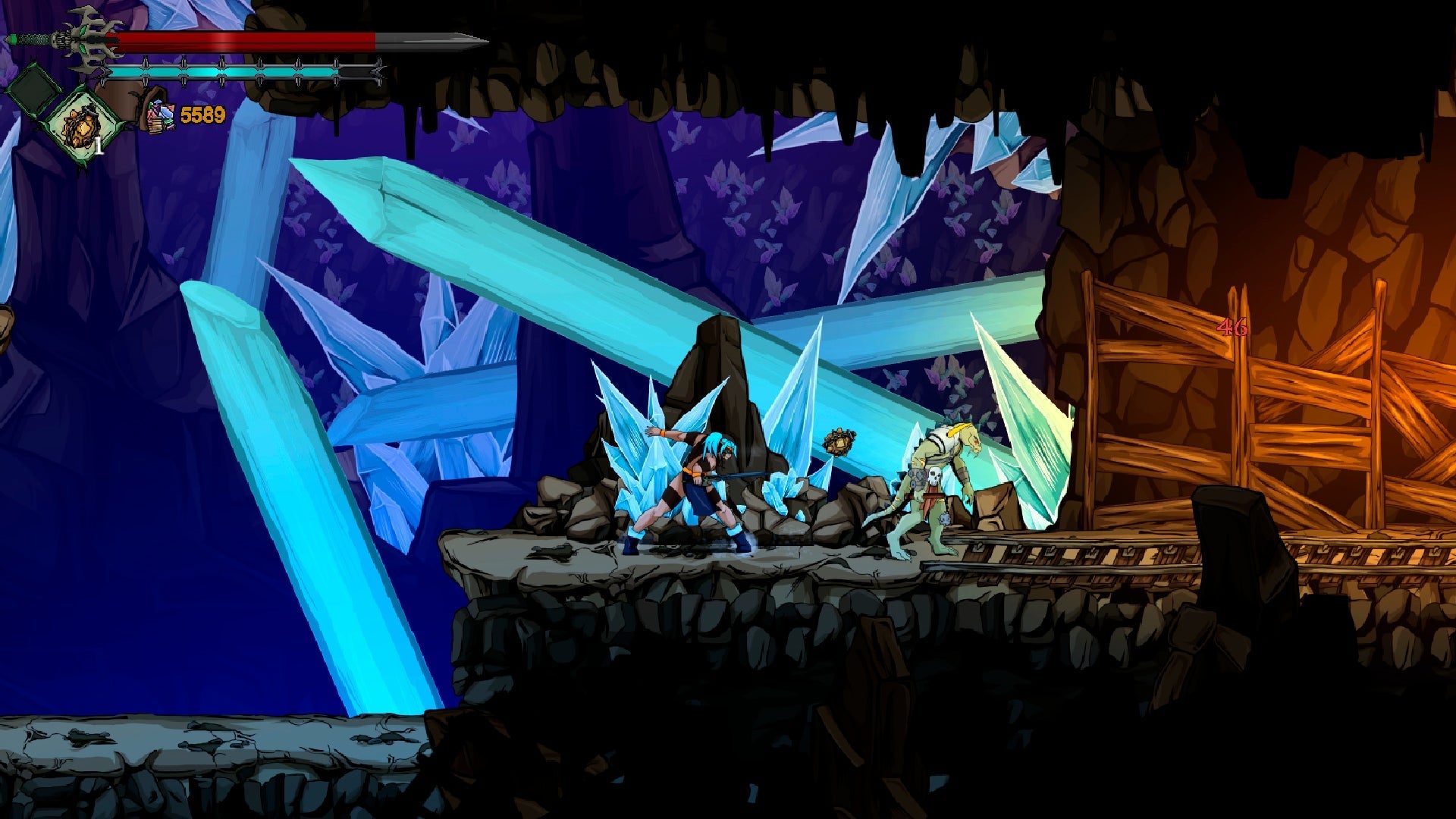 Game scene with characters and glowing blue crystals in a dark, cave-like setting