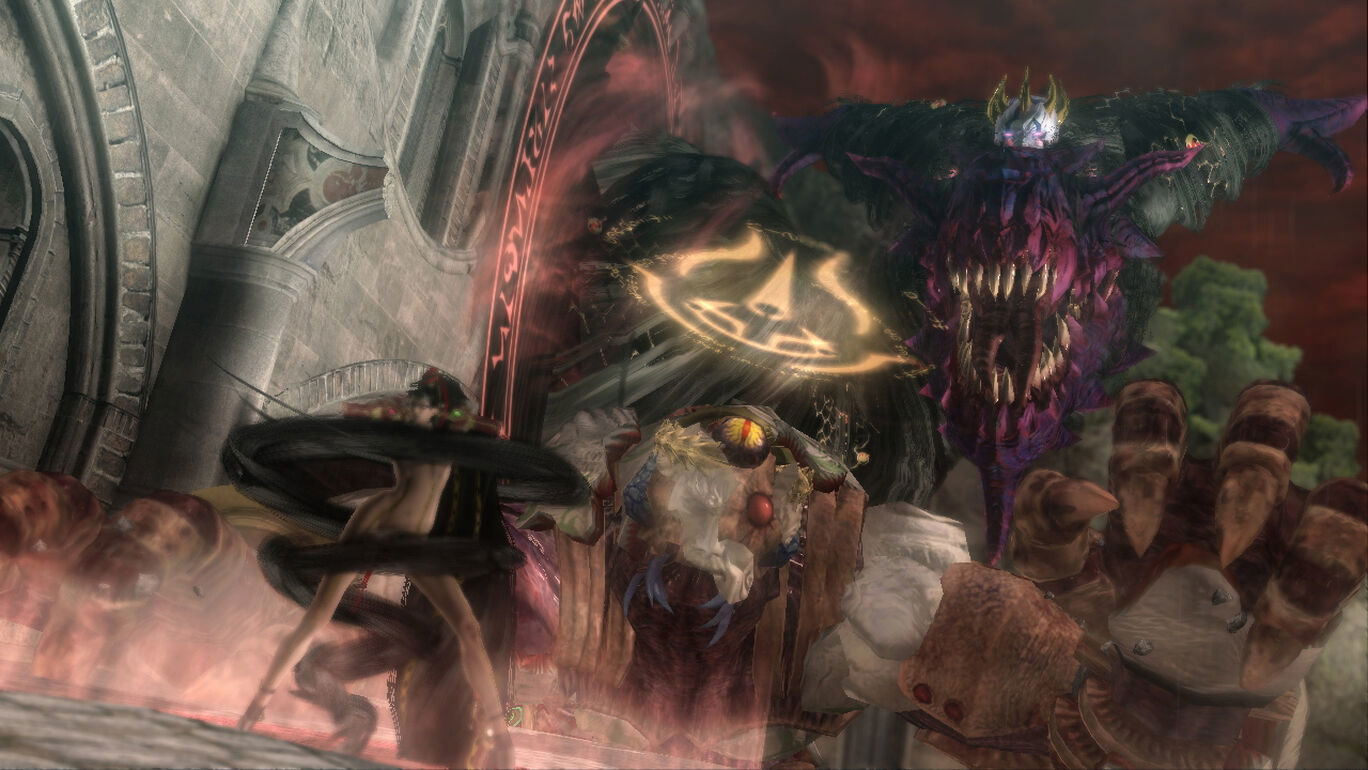 Fantasy scene with a large creature and people in a dark, otherworldly setting