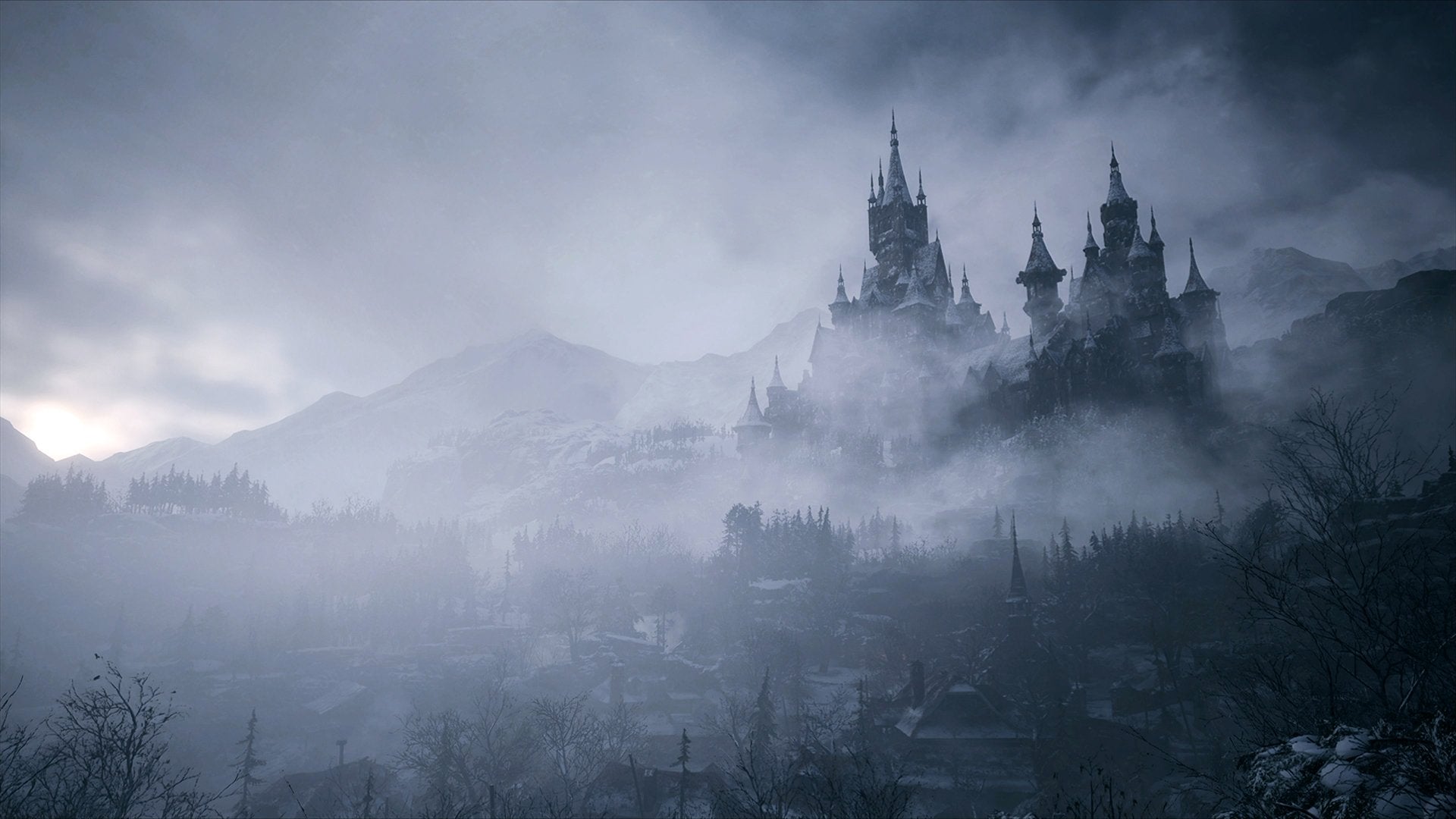 Mysterious castle in the fog with mountains in the background