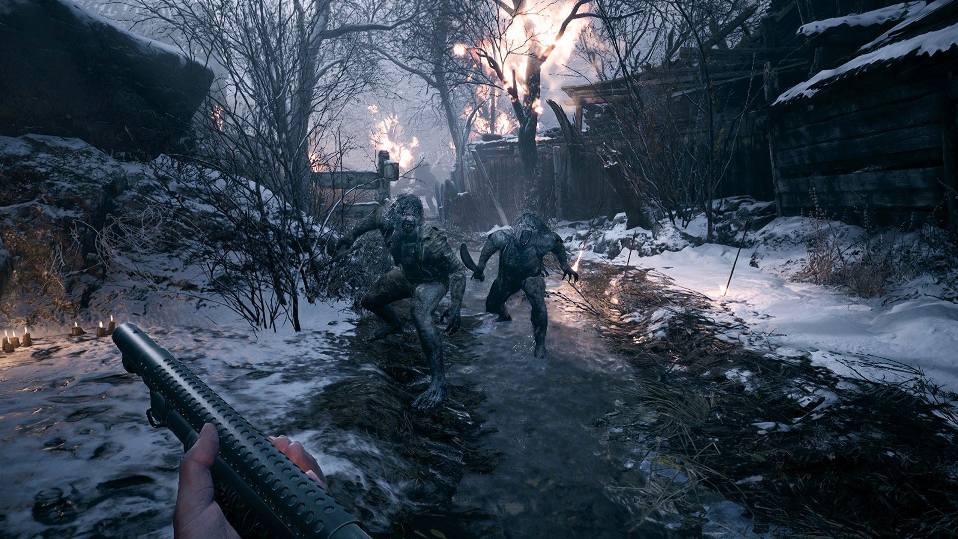 Snowy, desolate landscape with characters and a gun held by the viewer.