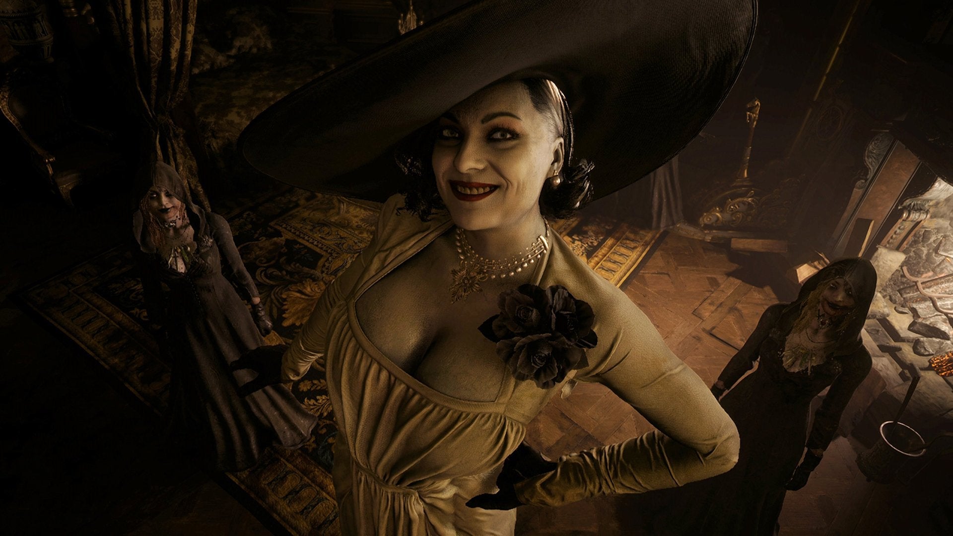 Woman in a vintage dress with dark hair and makeup in a dimly lit room.