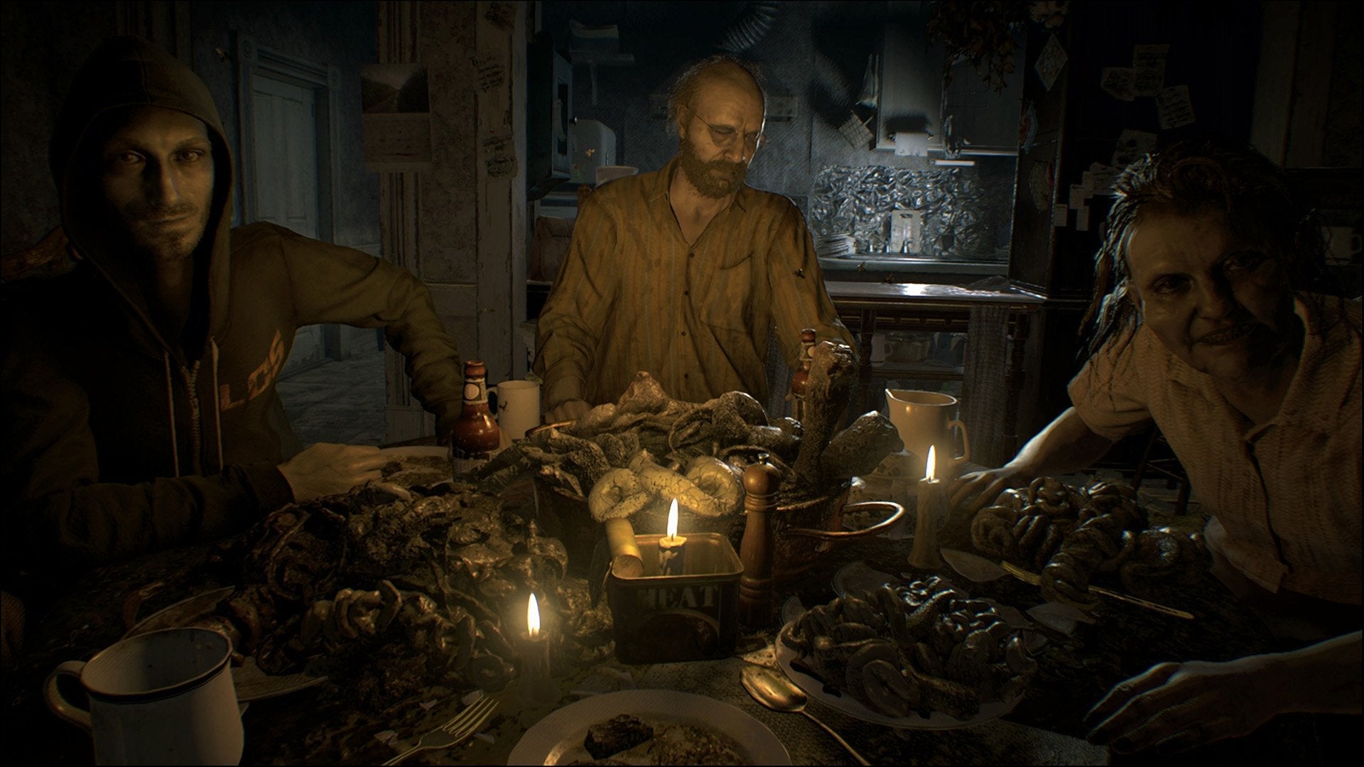 Three characters sitting around a table with food and drinks in a dimly lit room.