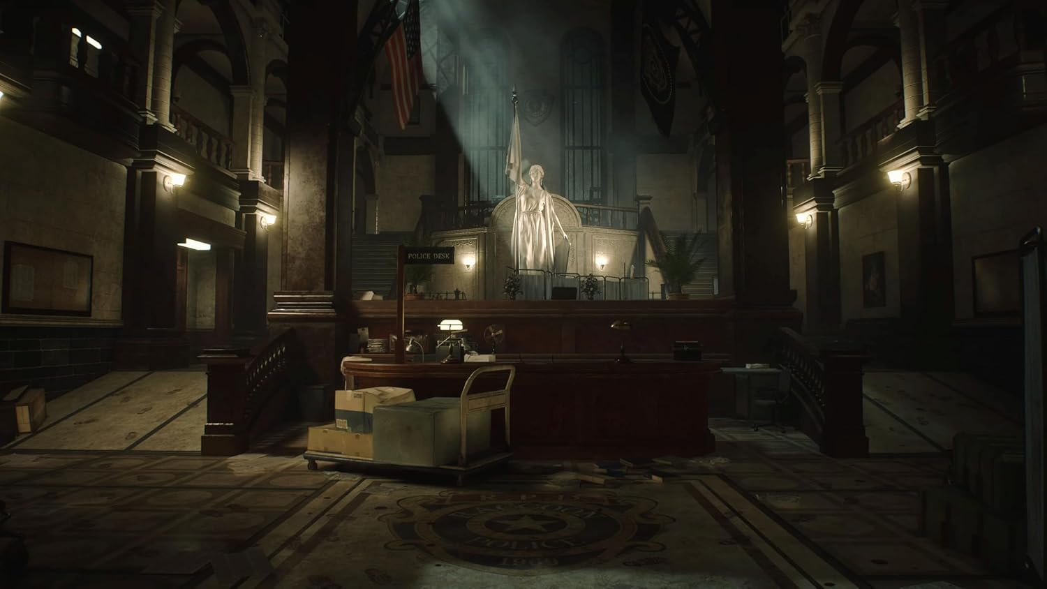 Dark, atmospheric interior of a grand building with a central figure in a robe.