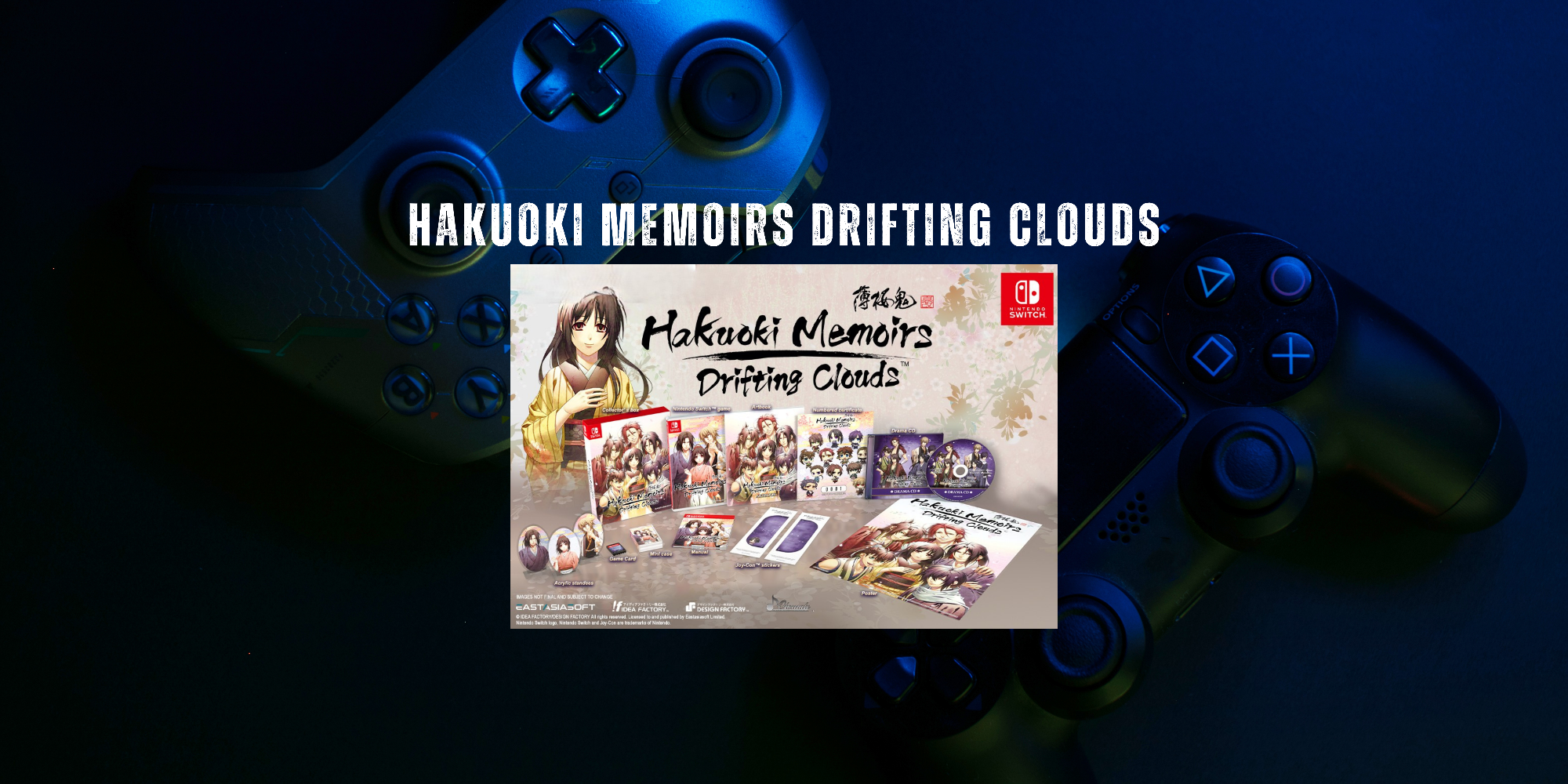 Hakuoki Memoirs Drifting Clouds game case with gaming controllers on a dark blue background